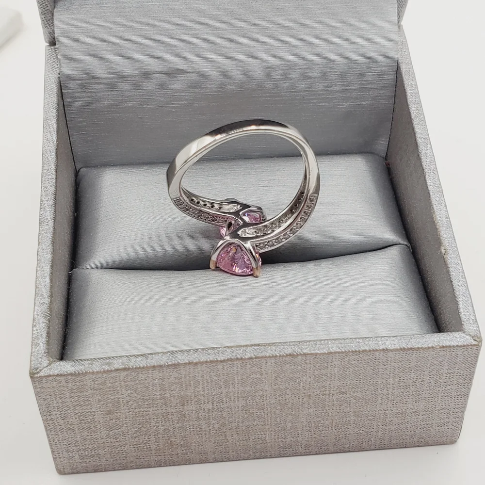 Pink Double Heart Silver Ring